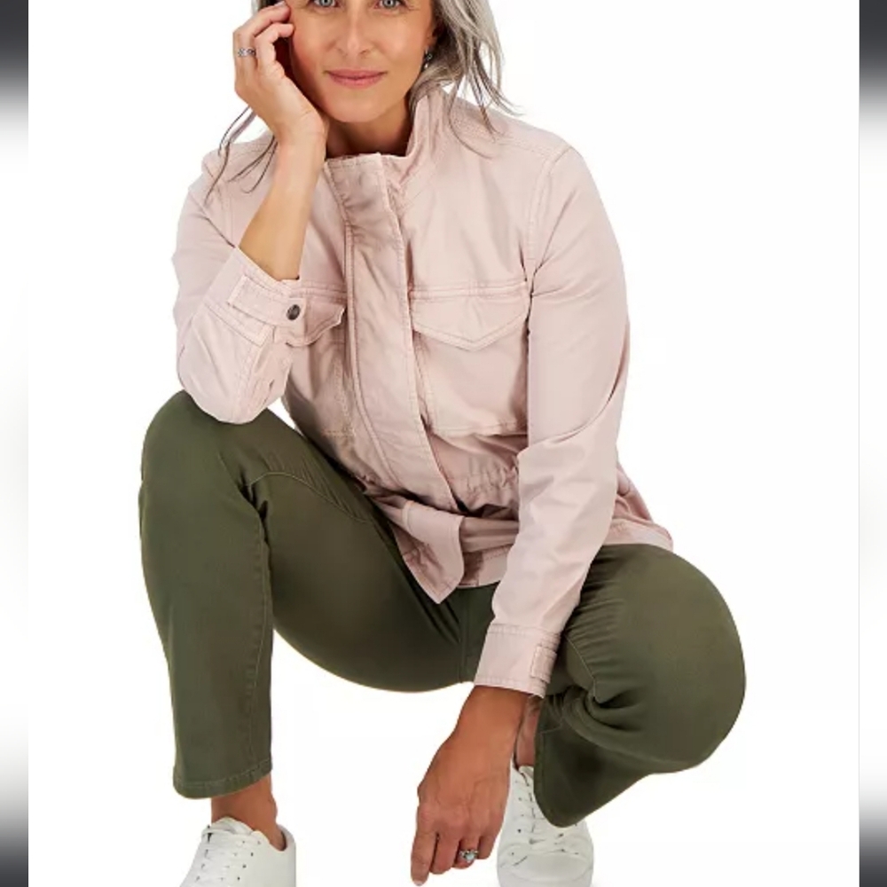 Style & Co. Cotton Zip Up Snap Utility Field Jacket Color Mocha Rose NWT XS FLAW - Picture 2 of 10